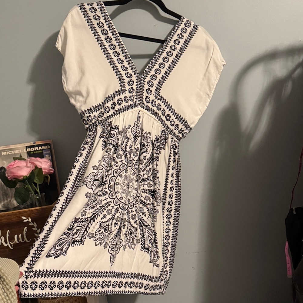 White and Navy Embroidered V-Neck Mini Dress